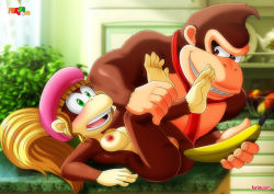 Rule 34 | 1boy, 1girl, banana, beret, blonde hair, breasts, dixie kong, donkey kong, donkey kong (series), donkey kong country, food, fruit, furry, green eyes, hat, imminent anal, imminent penetration, leg grab, necktie, nintendo, nipples, nude, ponytail, pussy, rareware