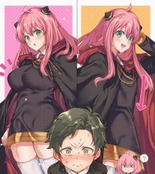 Rule 34 | 1boy, 1girl, ?, aged up, ahoge, alternate breast size, anya (spy x family), black dress, blush, breasts, brown hair, cloak, closed mouth, cowboy shot, damian desmond, dress, eno yukimi, flat chest, green eyes, hetero, highres, hood, hooded cloak, imagining, large breasts, long hair, long sleeves, looking at viewer, open mouth, pink hair, school uniform, shaded face, short hair, smile, spy x family, sweatdrop, thighhighs, thought bubble, white thighhighs, wide-eyed, yellow eyes, zettai ryouiki