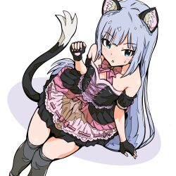 Rule 34 | 1girl, absurdres, animal ear fluff, animal ears, arm support, bare shoulders, bell, black gloves, black sleeves, black socks, blue eyes, blue hair, blush, bow, bowtie, breasts, cat ears, cat tail, collarbone, detached sleeves, dot nose, dress, fake animal ears, fake tail, fingerless gloves, frilled dress, frills, from above, gloves, hand up, highres, idolmaster, idolmaster million live!, idolmaster million live! theater days, jingle bell, kneehighs, layered dress, long hair, looking at viewer, medium breasts, miniskirt, neck bell, open mouth, paw pose, pink bow, pink bowtie, pink ribbon, ribbon, ribbon-trimmed dress, ringomelonpan, shiraishi tsumugi, simple background, sitting, skirt, socks, solo, sweatdrop, tail, two-tone dress, very long hair, white background