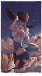 Rule 34 | 1girl, absurdres, bingwei huang, blue eyes, blue hair, cowboy hat, fins, fish tail, gawr gura, hat, highres, hololive, hololive english, looking at viewer, multicolored hair, open mouth, shark tail, sharp teeth, silver hair, solo, streaked hair, tail, teeth, virtual youtuber, waves