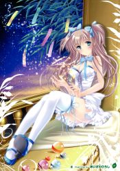 Rule 34 | 1girl, absurdres, aizawa hiroshi, bamboo, blue eyes, breasts, brown hair, cleavage, detached collar, dress, high heels, highres, large breasts, legs, off-shoulder dress, off shoulder, sitting, solo, tanabata, tanzaku, thighhighs, two side up, white thighhighs