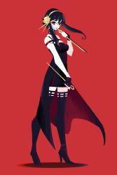 1girl black_dress black_footwear black_gloves black_hair boots commentary dress fingerless_gloves full_body gloves hair_bun holding holding_weapon looking_at_viewer marina_(mrn9) red_background red_eyes shadow solo spy_x_family thigh_boots weapon yor_briar