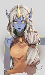 Rule 34 | 1girl, artist name, blue skin, colored skin, dated, horns, jewelry, league of legends, long hair, looking at viewer, necklace, pointy ears, ponytail, racoona, single horn, sketch, soraka (league of legends), tattoo, upper body, very long hair, white hair, yellow eyes