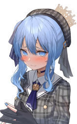 Rule 34 | 1girl, @ @, absurdres, beret, blue eyes, blue hair, blue nails, blush, choker, closed mouth, constricted pupils, crown, fingers together, gloves, hair between eyes, hat, highres, hololive, hoshimachi suisei, hoshimachi suisei (1st costume), kei8987, long hair, looking at viewer, nail polish, neckerchief, partially fingerless gloves, plaid, sailor collar, school uniform, sidelocks, sideways glance, simple background, smile, solo, tsurime, upper body, virtual youtuber, white background
