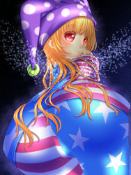 Rule 34 | 1girl, american flag dress, american flag legwear, american flag print, american flag shirt, ass, ass focus, blonde hair, blush, cameltoe, clownpiece, dress, fairy wings, from behind, from below, hat, highres, huge ass, jester cap, long hair, looking at viewer, looking back, looking down, pantyhose, print shirt, red eyes, shiny clothes, shounen (hogehoge), solo, touhou, wings