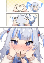 Rule 34 | !, 2girls, 3koma, a (phrase), absurdres, animal costume, animal hood, blue eyes, blue hair, blue hoodie, blunt bangs, blush, comic, commentary, english commentary, fins, fish tail, food, gawr gura, grey hair, hair ornament, hands on another&#039;s cheeks, hands on another&#039;s face, highres, hirotaka0125, hololive, hololive english, hood, hoodie, incoming pocky kiss, looking at viewer, medium hair, multicolored hair, multiple girls, pocky, pov, pov hands, shark costume, shark girl, shark hair ornament, shark hood, shark tail, sidelocks, snoot challenge, streaked hair, tail, tail wagging, two-tone hair, two side up, virtual youtuber, watson amelia
