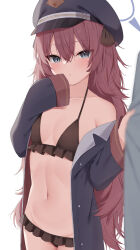Rule 34 | 1girl, bikini, black bikini, black coat, black hat, blue archive, blush, breasts, cleavage, coat, collarbone, commentary request, grey eyes, halo, hat, highres, iroha (blue archive), kamu (geeenius), long hair, long sleeves, looking at viewer, off shoulder, open clothes, open coat, parted lips, red hair, simple background, single bare shoulder, sleeves past fingers, sleeves past wrists, small breasts, solo, swimsuit, white background