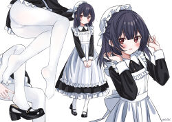 Rule 34 | 1girl, apron, black footwear, black hair, blush, commentary request, dot mouth, eluthel, heel pop, high heels, highres, idolmaster, idolmaster shiny colors, legs, long skirt, looking at viewer, maid, maid apron, maid headdress, mary janes, medium hair, morino rinze, own hands together, pantyhose, putting on shoes, red eyes, shoe dangle, shoes, skirt, smile, variations, white pantyhose