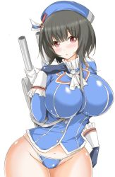 Rule 34 | 10s, 1girl, :o, aoiakira553, beret, black gloves, black hair, blue panties, blush, breasts, cannon, cowboy shot, curvy, gloves, hat, huge breasts, kantai collection, looking at viewer, military, military uniform, navel, no pants, panties, red eyes, short hair, simple background, solo, takao (kancolle), thick thighs, thighs, turret, underwear, uniform, upper body, white background, wide hips