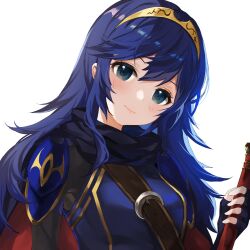 Rule 34 | 1girl, armor, blue cape, blue eyes, blue gloves, blue hair, blush, cape, closed mouth, commentary, falchion (fire emblem), fingerless gloves, fire emblem, fire emblem awakening, gloves, hair between eyes, head tilt, highres, holding, holding sword, holding weapon, jurge, long hair, looking at viewer, lucina (fire emblem), nintendo, red cape, shoulder armor, simple background, smile, solo, sword, symbol-only commentary, tiara, two-tone cape, upper body, weapon, white background