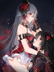 Rule 34 | 2girls, black gloves, cleavage cutout, closed mouth, clothing cutout, dress, eyeliner, fang, fingerless gloves, flower, fu hua, fu hua (blood voivode), fu hua (herrscher of sentience), fu hua (shadow knight), fu hua (turn up the music!) (herrscher of sentience), gloves, grey hair, hair between eyes, hair flower, hair ornament, high ponytail, highres, honkai (series), honkai impact 3rd, light smile, long hair, long sleeves, looking at viewer, makeup, mangzhi yaoyao, multicolored hair, multiple girls, official alternate costume, on head, open mouth, ponytail, red dress, red eyeliner, red eyes, red flower, rose, skirt, sleeveless, sleeveless dress, streaked hair, thighhighs, vampire, white hair, white skirt, white thighhighs, yellow pupils