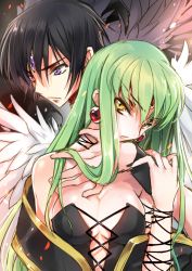 Rule 34 | 1990s (style), 1boy, 1girl, access time, angel wings, black hair, breasts, brooch, c.c., cleavage, code geass, couple, creayus, cross-laced clothes, earrings, expressionless, feathers, finn fish, green hair, hair between eyes, jewelry, kamikaze kaitou jeanne, lelouch vi britannia, long hair, looking at viewer, parted lips, purple eyes, wings, wristband, yellow eyes