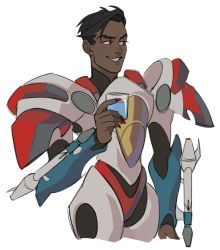 Rule 34 | 1boy, arm cannon, armor, black hair, commentary, cropped legs, cup, dark-skinned male, dark skin, decepticon, english commentary, hair behind ear, holding, holding cup, nail polish, ninterbit, parted lips, personification, power armor, red eyes, red nails, smile, smirk, solo, starscream, transformers, weapon, white background