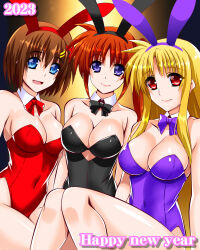Rule 34 | 2023, 3girls, animal ears, bare legs, black leotard, blonde hair, blue eyes, bow, bowtie, breasts, brown hair, chinese zodiac, cleavage, commentary request, covered navel, detached collar, engo (aquawatery), fate testarossa, feet out of frame, happy new year, highres, large breasts, leotard, long hair, lyrical nanoha, mahou shoujo lyrical nanoha strikers, multiple girls, new year, playboy bunny, purple bow, purple bowtie, purple eyes, purple leotard, rabbit ears, rabbit tail, red bow, red bowtie, red eyes, red leotard, short hair, side ponytail, sitting, strapless, strapless leotard, tail, takamachi nanoha, wrist cuffs, yagami hayate, year of the rabbit