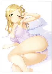 Rule 34 | 10s, 1girl, ;o, absurdres, arm up, armpits, ass, bare legs, barefoot, blonde hair, blush, border, braid, breasts, camisole, cleavage, french braid, green eyes, highres, kani biimu, large breasts, legs, love live!, love live! sunshine!!, lying, ohara mari, on bed, on side, one eye closed, pillow, scan, see-through, shorts, simple background, solo, strap gap, strap slip, swept bangs, white background