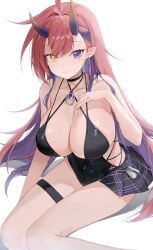 Rule 34 | 1girl, absurdres, ahoge, bare arms, bare shoulders, black choker, black dress, breasts, check copyright, choker, choyeon, cleavage, closed mouth, copyright request, criss-cross halter, dress, earrings, halter dress, halterneck, hand on own chest, hand up, heterochromia, highres, horns, jewelry, large breasts, long hair, looking at viewer, mole, mole under eye, multi-strapped dress, multicolored hair, multiple straps, no bra, oni horns, original, pink hair, pointy ears, purple eyes, purple hair, showgirl skirt, sideless outfit, sitting, skindentation, sleeveless, sleeveless dress, smile, solo, spaghetti strap, sweat, thigh strap, thighs, two-tone hair, very long hair, virtual youtuber, yellow eyes