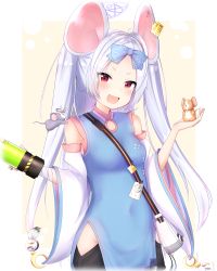 Rule 34 | 1girl, animal ears, blue archive, blush, breasts, caffeinechara, commentary request, hair ornament, highres, long hair, looking at viewer, mouse (animal), mouse ears, open mouth, red eyes, ribbon, saya (blue archive), silver hair, simple background, small breasts, solo, vial