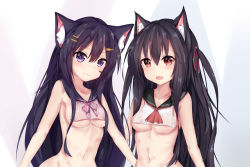Rule 34 | 2girls, :3, :d, animal ear fluff, animal ears, ascot, bare arms, bare shoulders, black hair, black sailor collar, blush, bottomless, bow, breasts, cat ears, character request, chisuzu mei, closed mouth, collarbone, commentary request, crop top, diagonal stripes, fang, fish hair ornament, hair between eyes, hair ornament, hair ribbon, hairclip, highres, long hair, medium breasts, multiple girls, nagato-chan, navel, one side up, open mouth, out-of-frame censoring, paryi project, pink bow, purple eyes, red ascot, red eyes, red ribbon, ribbon, sailor collar, smile, striped, striped bow, very long hair, virtual youtuber
