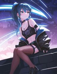 Rule 34 | 1girl, alternate costume, armband, black footwear, black gloves, black thighhighs, blue eyes, blue hair, blush, breasts, choker, cleavage, closed mouth, comet, commentary, cowboy shot, crop top, earrings, english commentary, fishnet thighhighs, fishnets, garter straps, gloves, highres, hololive, hoshimachi suisei, jacket, jewelry, light particles, long hair, looking afar, midriff, navel, necklace, night, off shoulder, open clothes, open jacket, partially fingerless gloves, ponytail, saturn (planet), shirt, sitting, sk jynx, sky, sleeveless, sleeveless shirt, small breasts, solo, star (sky), star (symbol), star choker, star necklace, star tattoo, starry sky, tattoo, thighhighs, virtual youtuber