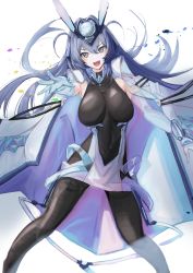 Rule 34 | 1girl, absurdres, alternate costume, animal ears, azur lane, black pantyhose, blue hair, blush, bodystocking, breasts, cloak, covered navel, elbow gloves, fake animal ears, feet out of frame, gloves, grey eyes, highres, large breasts, long hair, looking at viewer, new jersey (azur lane), open mouth, pantyhose, sankyo (821-scoville), smile, solo, standing, white background, white cloak, white gloves