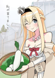 Rule 34 | 1girl, bare shoulders, basket, blonde hair, blue eyes, braid, breasts, building, cleavage, commentary request, crown, dress, flower, half up braid, highres, jewelry, kanade (kanadeya), kantai collection, large breasts, long hair, long sleeves, medium breasts, mini crown, necklace, off-shoulder dress, off shoulder, one eye closed, radish, red flower, red ribbon, red rose, ribbon, rose, smile, solo, translation request, upper body, warspite (kancolle)