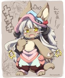 Rule 34 | 1girl, :d, ^^^, animal ears, bare arms, barefoot, blush, body fur, claws, colored eyelashes, eromame, eyebrows, fake horns, fang, full body, furry, furry female, hair between eyes, hair ornament, hat, horizontal pupils, horned headwear, horns, legs apart, long hair, made in abyss, nanachi (made in abyss), open mouth, pants, pocket, puffy pants, rabbit ears, silver hair, smile, solo, standing, tail, topless, twitter username, whiskers, yellow background