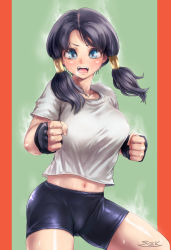 Rule 34 | 1girl, bike shorts, black hair, breath, dragon ball, dragonball z, fighting stance, fingerless gloves, gloves, green background, low twintails, midriff, navel, sgk, solo, sweat, twintails, videl
