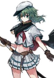 Rule 34 | 1girl, black cape, black gloves, blue sailor collar, cape, closed mouth, crop top, eyepatch, gloves, green eyes, green hair, hat, highres, holding, holding sword, holding weapon, kantai collection, kiso (kancolle), kiso kai ni (kancolle), looking at viewer, midriff, nataro 1116, neckerchief, pleated skirt, red neckerchief, sailor collar, school uniform, serafuku, sheath, short sleeves, simple background, skirt, solo, sword, unsheathing, weapon, white background, white hat