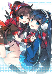 Rule 34 | 2girls, black dress, black hair, blazer, blue eyes, blush, breasts, cheek-to-cheek, cleavage, dress, egyptian, gradient background, hair ornament, hair tubes, hairband, headphones, heads together, highres, holding hands, isis (p&amp;d), jacket, kneeling, long hair, multiple girls, nephthys (p&amp;d), one eye closed, open mouth, ponytail, puzzle &amp; dragons, reina (black spider), sailor dress, scarf, school uniform, serafuku, simple background, sitting, skirt, smile