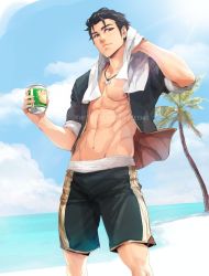 Rule 34 | 1boy, abs, artist name, beach, black hair, can, commission, commissioner upload, fire emblem, fire emblem: thracia 776, fire emblem heroes, highres, jewelry, male focus, necklace, nintendo, palm tree, reinhardt (fire emblem), solo, spykeee, towel, tree, twitter username