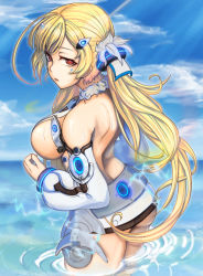 Rule 34 | 1girl, ahoge, alternate breast size, ass, azur lane, bare back, blonde hair, breasts, cloud, detached sleeves, dress, eldridge (azur lane), facial mark, fur trim, hair ornament, hairclip, highres, large breasts, long hair, long sleeves, looking at viewer, ocean, aged up, open mouth, partially submerged, puffy long sleeves, puffy sleeves, red eyes, rowbo, sideboob, sky, sleeveless, sleeveless dress, solo, twintails, very long hair, wading, white dress, white legwear