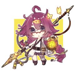 Rule 34 | 1girl, :o, antenna hair, boots, border, braid, brown footwear, bug, butterfly, chibi, dorothy (sinoalice), full body, glasses, gloves, hair between eyes, hair ornament, highres, holding, holding lantern, holding polearm, holding spear, holding weapon, insect, lantern, long hair, looking at viewer, merry-san, open mouth, polearm, purple eyes, purple hair, purple shorts, purple thighhighs, shirt, shorts, single thighhigh, sinoalice, sleeveless, sleeveless shirt, solo, spear, thighhighs, twin braids, weapon, white background, white gloves, white shirt, yellow background