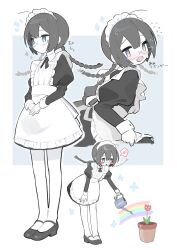 Rule 34 | 1girl, absurdres, black hair, blush, blush stickers, braid, flower, flying sweatdrops, glasses, highres, holding, holding watering can, long sleeves, maid, maid headdress, multiple views, myomuron, original, plant, potted plant, rainbow, standing, twin braids, watering can
