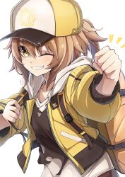 Rule 34 | 1girl, backpack, bag, baseball cap, black shirt, brown hair, clenched hand, grin, hat, highres, hood, hood down, hooded jacket, horse girl, jacket, long sleeves, notice lines, one eye closed, open clothes, open jacket, pierced hat, ponytail, ruisuke, satake mei, shirt, shirt under shirt, short hair, short ponytail, simple background, smile, solo, torn clothes, torn shirt, umamusume, upper body, white background, white shirt, yellow eyes, yellow hat, yellow jacket
