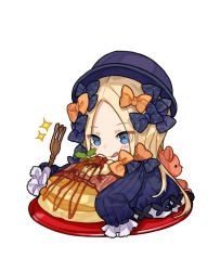 Rule 34 | 1girl, :q, abigail williams (fate), bacon, black bow, black dress, black hat, blonde hair, blue eyes, blush, bow, bug, butterfly, chibi, closed mouth, commentary request, dress, fate/grand order, fate (series), food, forehead, fork, hair bow, hat, holding, holding fork, insect, ketchup, long sleeves, looking away, orange bow, pancake, pancake stack, parted bangs, plate, polka dot, polka dot bow, simple background, sleeves past wrists, smile, solo, stuffed animal, stuffed toy, teddy bear, tongue, tongue out, white background, yuu (higashi no penguin)