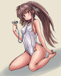 Rule 34 | 1girl, barefoot, brown hair, collar, highleg, highleg swimsuit, leash, little busters!, long hair, natsume rin, one-piece swimsuit, ponytail, red eyes, school swimsuit, solo, swimsuit, white school swimsuit, white one-piece swimsuit, yo-jin
