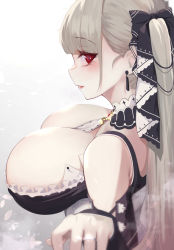 Rule 34 | 1girl, absurdres, azur lane, between breasts, black dress, blush, breasts, cleavage, commentary request, dress, earrings, formidable (azur lane), frilled dress, frills, grey hair, hair ribbon, has bad revision, has downscaled revision, highres, huge breasts, jewelry, long hair, looking at viewer, md5 mismatch, parted lips, red eyes, resolution mismatch, revision, ribbon, ring, simple background, smile, solo, source smaller, torriet, twintails, two-tone dress, two-tone ribbon, wedding band