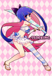 Rule 34 | 10s, 1girl, alternate costume, bad id, blue eyes, blue hair, bow, colored inner hair, hair bow, high heels, jewelry, long hair, lots of jewelry, matching hair/eyes, midriff, multicolored hair, nail polish, navel, panty &amp; stocking with garterbelt, pink nails, ruru (lamourouge), sandals, shoes, single thighhigh, skirt, solo, stocking (psg), striped clothes, striped thighhighs, sword, thighhighs, weapon