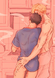 Rule 34 | 2boys, ao isami, ass peek, black hair, blonde hair, borrowed clothes, bottomless, bruise, couple, facial hair, finger under clothes, highres, injury, kitchen, leaning to the side, lewis smith, male focus, multiple boys, pink background, saltonly, sideburns stubble, standing, stubble, thick eyebrows, yaoi, yuuki bakuhatsu bang bravern
