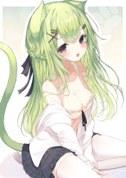 Rule 34 | 1girl, absurdres, animal ears, blush, breasts, brown eyes, cat ears, cat tail, cleavage, green hair, hair ornament, hairclip, highres, long hair, looking at viewer, medium breasts, open mouth, original, pleated skirt, sitting, skirt, solo, tail, thighhighs, white thighhighs, yuui hutabakirage