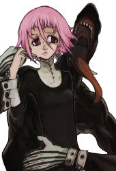 Rule 34 | 00s, absurdres, androgynous, black dress, black skin, bracer, cheek pinching, cheek pull, colored skin, crona (soul eater), cuff links, dress, frown, gauntlets, gender request, gloves, habit, hair between eyes, high collar, highres, looking away, muscular, open mouth, pinching, pink eyes, pink hair, ragnarok (demon sword), short hair, sketch, solo, soul eater, spikes, striped clothes, striped gloves, sword, tongue, tongue out, toro3, weapon