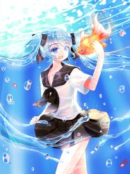 Rule 34 | 1girl, blue eyes, blue hair, bottle miku, fish, happy, hatsune miku, highres, long hair, matching hair/eyes, school uniform, solo, twintails, underwater, very long hair, vocaloid, vuongdieu