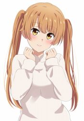 Rule 34 | 1girl, alternate hair length, alternate hairstyle, blush, brown hair, closed mouth, commentary request, dars (recolors), highres, isshiki iroha, long hair, long sleeves, simple background, smile, solo, sweater, twintails, upper body, white background, white sweater, yahari ore no seishun lovecome wa machigatteiru., yellow eyes