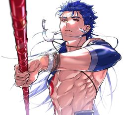 Rule 34 | 1boy, abs, blue hair, bodypaint, bracelet, closed mouth, crescent, crescent necklace, cu chulainn (fate), cu chulainn (fate/stay night), cu chulainn (second ascension) (fate), earrings, expressionless, fate/grand order, fate/stay night, fate (series), floating hair, foreshortening, gae bolg (fate), hair down, holding, holding polearm, holding weapon, incoming attack, jewelry, long hair, looking at viewer, male focus, muscular, necklace, official alternate costume, polearm, red eyes, simple background, skin tight, solo, spiked hair, strap, topless male, type-moon, uni (nico02), weapon, white background