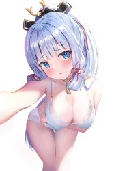 Rule 34 | 1girl, absurdres, arm under breasts, ayaka (genshin impact), bare arms, bare shoulders, blue eyes, blunt bangs, blunt tresses, blush, bra, breast hold, breasts, cleavage, cowboy shot, genshin impact, hair ornament, hair ribbon, has bad revision, has cropped revision, highres, large breasts, leaning forward, long hair, looking at viewer, mihasu, mole, mole under eye, neck tassel, outstretched arm, panties, parted lips, ponytail, raised eyebrows, revision, ribbon, selfie, simple background, thigh gap, thighs, tress ribbon, underwear, underwear only, white background, white bra, white panties
