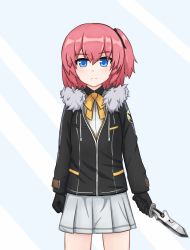 Rule 34 | 1girl, black gloves, black jacket, black ribbon, blue background, blue eyes, blush, bow, closed mouth, closers, collared shirt, commentary, fur-trimmed jacket, fur trim, gloves, grey skirt, hair between eyes, hair ribbon, highres, holding, holding knife, jacket, knife, long sleeves, looking at viewer, one side up, pink hair, pleated skirt, ribbon, seulbi lee, shirt, skirt, solo, standing, stratosphere (coom1017), two-tone background, white background, white shirt, yellow bow