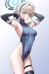 Rule 34 | 1girl, absurdres, armpits, arms up, black gloves, blonde hair, blue archive, blue background, blue eyes, braid, breasts, collarbone, covered collarbone, covered navel, cowboy shot, earpiece, elbow gloves, eyelashes, fingerless gloves, french braid, frills, gloves, hair bun, halo, hands up, highleg, highleg leotard, highres, leotard, long eyelashes, looking at viewer, maid headdress, medium breasts, nompang, simple background, single thighhigh, skindentation, sleeveless turtleneck leotard, thigh strap, thighhighs, toki (blue archive), two-tone leotard