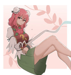 Rule 34 | 1girl, amputee, bandaged arm, bandages, bare legs, breasts, bun cover, chinese clothes, closed mouth, commentary, crossed arms, crossed legs, cuffs, double bun, english commentary, flower, green skirt, hair bun, highres, ibaraki kasen, looking at viewer, mata (matasoup), medium breasts, outside border, pink background, pink eyes, pink flower, pink hair, pink rose, raised eyebrow, rose, shackles, shirt, short hair, skirt, solo, tabard, touhou, white shirt