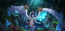Rule 34 | 1boy, absurdres, androgynous, animal, black hair, blue hair, blurry, blurry background, braid, bridal gauntlets, bug, butterfly, capelet, chest tattoo, closed mouth, commentary request, crop top, crystal, dappled sunlight, feathered wings, flower, forest, genshin impact, gradient hair, green eyes, hair flower, hair ornament, highres, holding, holding instrument, hood, hood up, hooded capelet, in water, insect, instrument, lyre, male focus, midriff, multicolored hair, nature, navel, outdoors, partially submerged, pond, short hair with long locks, shorts, sidelocks, sleeveless, slime (genshin impact), smile, solo, squirrel, sunlight, tattoo, tree, twin braids, venti (archon) (genshin impact), venti (genshin impact), water, white flower, white shorts, white wings, wings, xuan-k