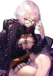 Rule 34 | 1girl, absurdres, belt, black dress, black jacket, blue eyes, breasts, cleavage, cropped jacket, dress, fate/grand order, fate (series), glasses, grey hair, highres, hood, hooded jacket, jacket, jacques de molay (foreigner) (fate), large breasts, long sleeves, looking at viewer, nakanishi tatsuya, open clothes, open jacket, short dress, short hair, thighs